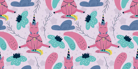 Scandinavian unicorn seamless pattern with cloud and flower. A horse with a horn sits on a dark background with cloud. Childrens textile with a bright rainbowのイラスト素材