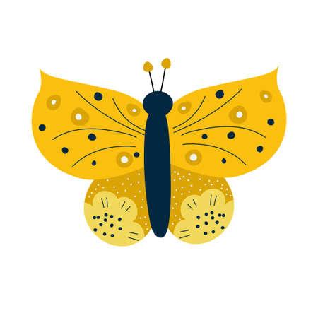 Scandinavian butterfly isolated. Insect with yellow wings and flowers.Flat vector illustration. Butterfly for kids design. Vector hand drawn trendy cartoon illustration.のイラスト素材