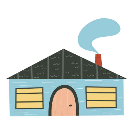 Scandinavian house with window isolated on white background.Roof with chimney and smoke. Flat childish design. Hand drawn fashion illustration. Colored townhouse with a round door.のイラスト素材