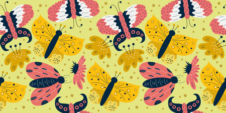 Scandinavian spring seamless pattern with butterfly and moth on yellow background. Red insect with...