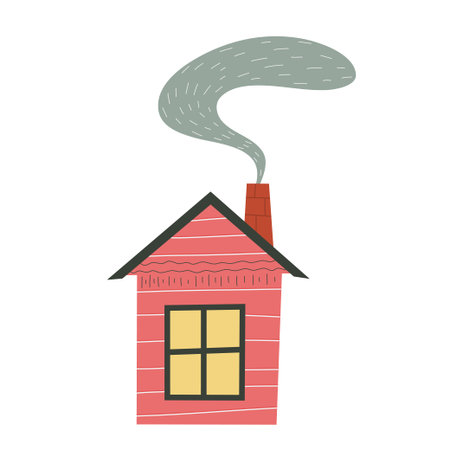Scandinavian house with window and smoke isolated on white background.Roof with chimney. Flat childish design. Hand drawn fashion illustration. Colored townhouse.のイラスト素材
