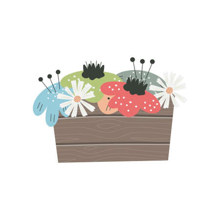 Scandinavian flowers in a wooden box for a window isolated on a white background.Daisy and simple flowers for childrens design. Box for a small gardenのイラスト素材