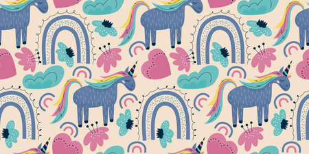 Scandinavian unicorn seamless pattern with rainbow and flower. A horse with a horn sits on a background with cloud, heart. Childrens textile with a bright rainbowのイラスト素材