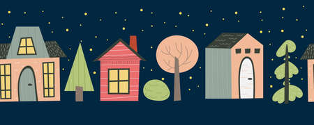 Scandinavian houses in a seamless border. Cute night city street with houses, smoke, tree and a road for childrens design. Flat vector illustration.のイラスト素材