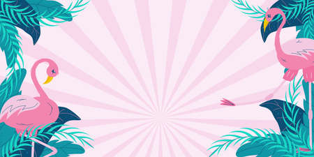 Summer banner with tropical leaves and flamingos on a pink background with space for text.Green leaves and pink bird. Flat vector horizontal illustrationのイラスト素材