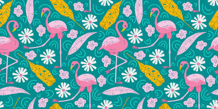 Seamless summer pattern with pink flamingo and tropical leaves and daisy. Yellow leaves and flamingo on a green background for childrens design. Flat vector illustration.のイラスト素材