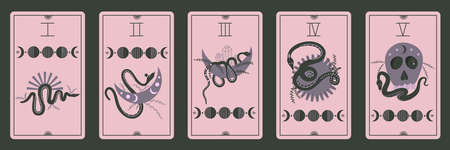 Vintage tarot cards with moon phases, snakes and skull. Celestial magic for occult and divination. Set of pink light cards on a dark background. Serpent with moon and sun. Flat vector illustrationのイラスト素材