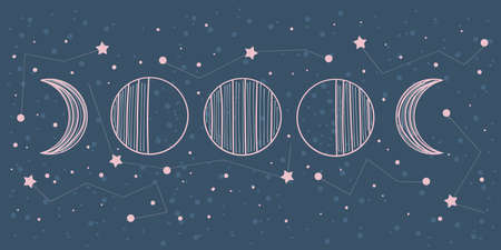 Moon phases with constellations of the zodiac in vintage style on a blue background. Changing moon with stars in the sky. Spiritual celestial astrology. Flat vector illustration bannerのイラスト素材