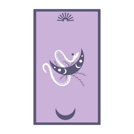 Tarot cards with snakes and moon isolated on a white background. Celestial magic for occult and divination. Purple minimalism cards. Serpent with moon. Flat vector illustration.のイラスト素材