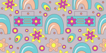 Groovy pattern in doodle style on colorful background. 70s retro floral seamless pattern with music and rainbow. Simple vector groovy illustration.のイラスト素材