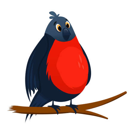 Red bullfinch cartoon bird isolated. Tree branches with birds. Bright winter bullfinches in sitting. Winter bird character. Cartoon vector illustration.のイラスト素材
