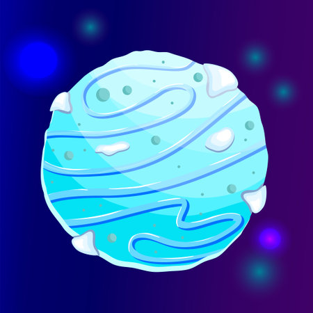 Fantasy planet ice cartoon with star. Blue magic snow round planet. Cartoon vector illustration. Ui design.のイラスト素材