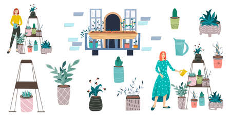 Balcony garden, flower and woman set. Urban garden on the balcony hobby for girls. Vector flat illustration. Vector illustration design.のイラスト素材