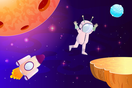 Galaxy landscape with planet mars and alien in space. Flying astronaut and cosmic rocket. Ufo in a spacesuit. Vector illustration in cartoon style. Background for space game interface.のイラスト素材