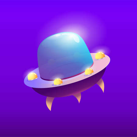 Flying saucer ufo in space isolated. Cartoon futuristic vector llustration. Spaceship alien rocket. Vector graphic illustration ui design. Flying saucer for game interface.のイラスト素材