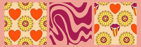 Groovy y2k retro pattern with flower and swirl 70s background. Daisy flower design. Abstract trendy colorful print. Vector illustration graphic. vintage print. Psychedelic wallpaperのイラスト素材