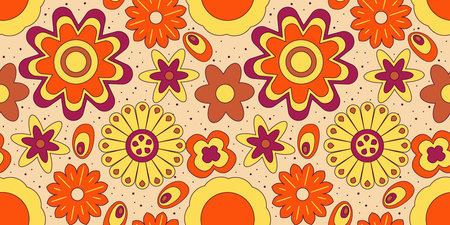 Groovy y2k retro seamless pattern with flower. retro vector illustration. Groovy flower background. Colorful hippie seamless pattern illustration.のイラスト素材