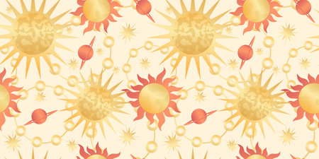 Star celestial seamless pattern with sun and planet. Magical astrology in vintage boho style. Golden...