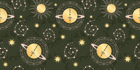 Star celestial seamless pattern with planet and constellations. Magical astrology in vintage boho...