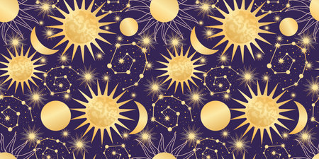 Star celestial seamless pattern with sun and moon. Magical astrology in vintage boho style. Golden sun with rays and constellation. Vector illustration.のイラスト素材