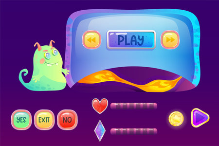 Space assets for ui game interface with monster alien, screen, buttons and planet with lava. Buttons and screen for application. Cartoon vector illustration.のイラスト素材