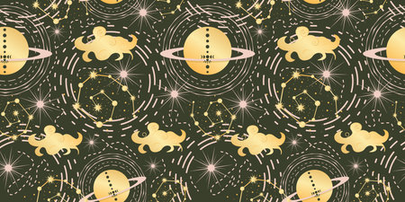 Celestial seamless pattern with cloud and planett. Magic astrology in boho vintage style. Mystical...