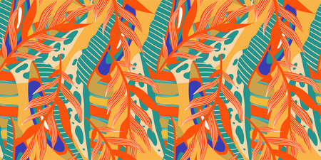 Aesthetic boho jungle seamless pattern for print design. Boho botanical tropic floral background. Modern exotic floral jungle pattern. geometric texture. print design.のイラスト素材
