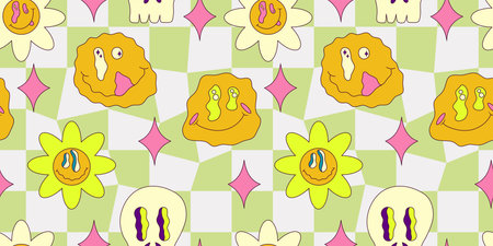 Trippy smile seamless pattern with daisy and checkerboard. Psychedelic hippy groovy print. Good 60s,...