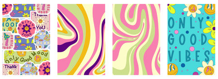 Rave trippy poster set with patches, smile, sticker. Modern retro abstract design. Abstract trippy...