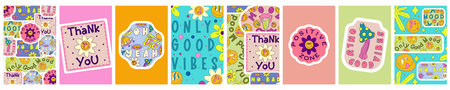 Rave trippy poster set with patches, smile, sticker. Modern retro abstract design. Abstract trippy...
