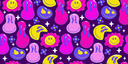 Trippy psychedelic aesthetic y2k seamless pattern. Trippy smile retro pop funny cartoon character....