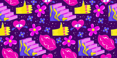 Trippy psychedelic aesthetic y2k seamless pattern. Trippy smile retro pop funny cartoon character....