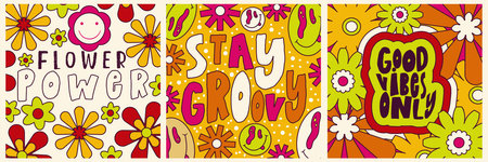 Daisy Flowers, Trippy groovy poster set for print design quote. Psychedelic hippy groovy print. Template poster vector illustration. Abstract vector pattern. Wavy Swirl, checkerboard, btight colorのイラスト素材