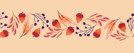 Seamless border autumn fall. Thanksgiving holiday. vector seamless pattern. Bright autumn design with leaf, acorn and pumpkin.のイラスト素材