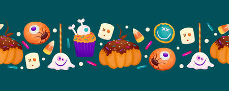 Halloween border with sweet dessert eyeball, cake and lollipop. Autumn vector background. vector cartoon design. Halloween sweet, round cookie, spooky cake.のイラスト素材