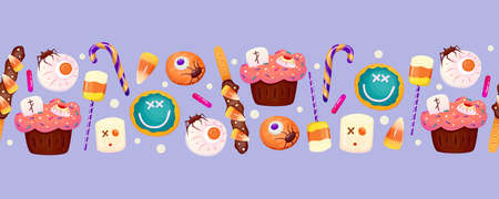 Halloween border with sweet dessert eyeball, cake and lollipop. Autumn vector background. vector cartoon design. Halloween sweet, round cookie, spooky cake.のイラスト素材