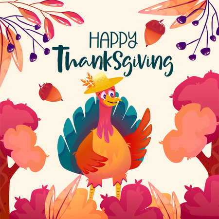 Cartoon turkey thanksgiving character autumn banner. happy thanksgiving background. Funny bird hat character. Autumn bird cute turkey.のイラスト素材