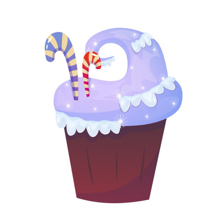 Christmas cupcake with candycane and snow. Isolated vector illustration. Holiday, birthday sweet...