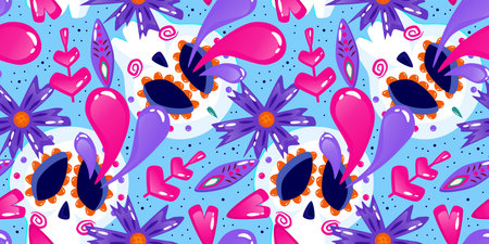 Muertos pattern with skull, daisy and heart. Mexico day dead holiday. Floral skull face. Floral...