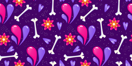 Muertos pattern with flower daisy and bone. Mexico day dead holiday. Floral skull face. Floral seamless background. Halloween seamless pattern. purple background.のイラスト素材