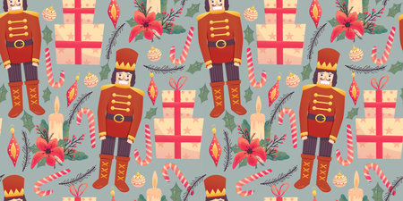 Christmas seamless pattern with nutcracker, gift and candle. Vector holiday ornament pattern. new year illustration. abstract texture. vector holiday illustrationのイラスト素材