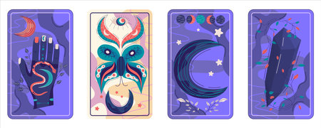 Tarot card set magic celestial design. Mystic moon vector illustration. Hand drawn vector illustration. Esoteric boho tarot card with hand, butterfly and moonのイラスト素材