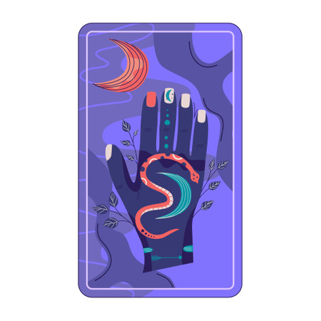 Tarot card magic celestial design. Mystic moon vector illustration. Hand drawn vector illustration. Esoteric boho tarot card with handのイラスト素材