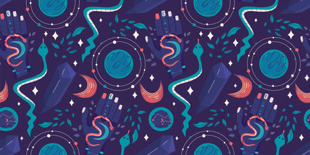 Celestial magic seamless pattern with boho snake. Mystic moon vector illustration. Magic celestial print. Astrology esoteric background.のイラスト素材