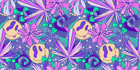 Trippy seamless pattern with round smile. Crazy heart abstract. Doodle vector seamless pattern....