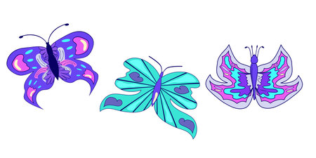 Y2k butterfly set in abstract style on white background. Flower power. Y2k aesthetic. Vector illustration design. 90s, 00s butterfly isolated.のイラスト素材