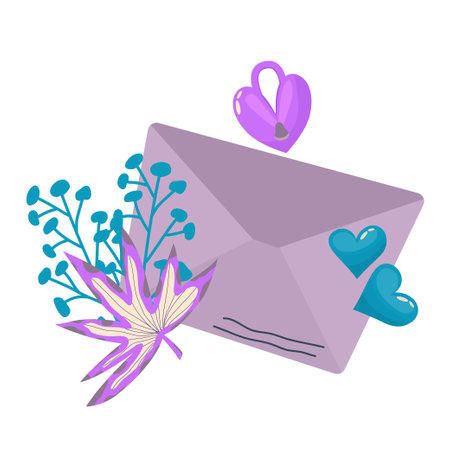 Valentines Day mail with heart and daisy isolated. Cartoon vector illustration. Valentine envelope. February love day greeting card hearts envelope. White background.のイラスト素材