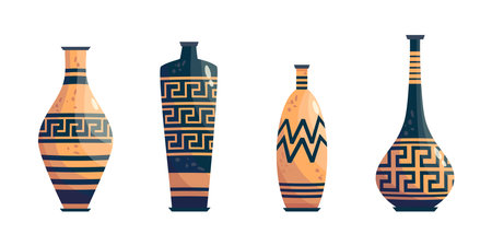 Greek vase ancient jar set isolated. Ceramic vase with greek symbol. Cartoon vector illustration. Pottery jar earthenware antique design.のイラスト素材