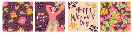 Womans day postcard templates with flower and leopard. girl greeting card with flower. Flat vector illustration. Seamless pattern flower. International Women's Day.のイラスト素材