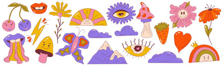 Psychedelic groovy set of Retro 70s elements. Cartoon daisy flowers, sun and rainbow with crown mushrooms, lips clipart. Positive groovy hand drdawn vector isolated symbols with eyeのイラスト素材